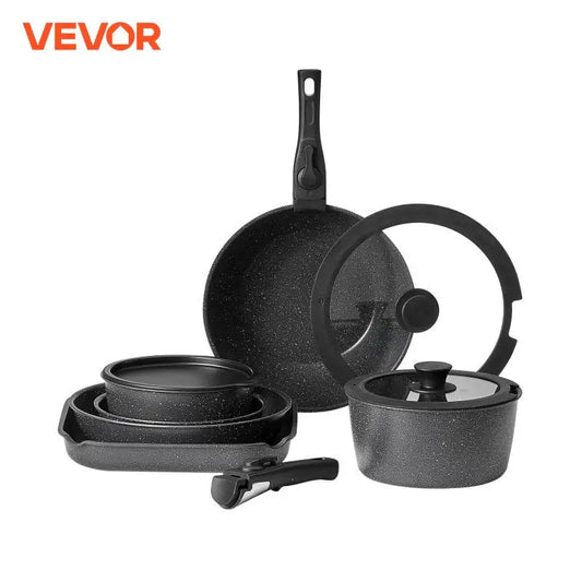 VEVOR 17-Piece Nonstick Cookware Set – Granite Stone Coating, Removable Handle, Induction Compatible, Space-Saving Design