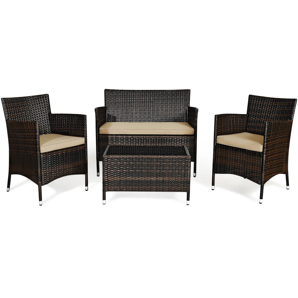 4-Piece Rattan Patio Furniture Set with Cushioned Sofa Chairs & Glass Coffee Table