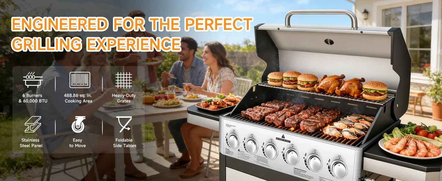 6 Burner Propane Gas Grill, 60,000 BTU Cabinet Outdoor BBQ with Warming Rack, 643 Sq. In. Cooking Area