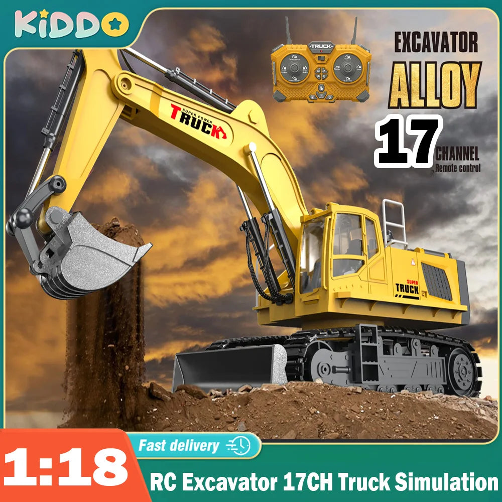 1:18 Alloy RC Excavator – 17-Channel Full Simulation Construction Vehicle