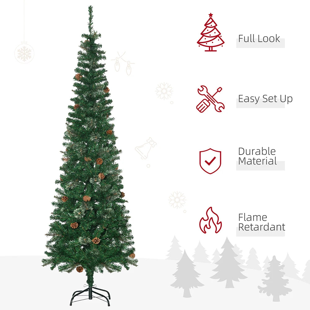 6.5 / 7.5 / 9.5ft Green Slim Pencil Christmas Tree with Realistic Branches, Pine Cones & Metal Base,