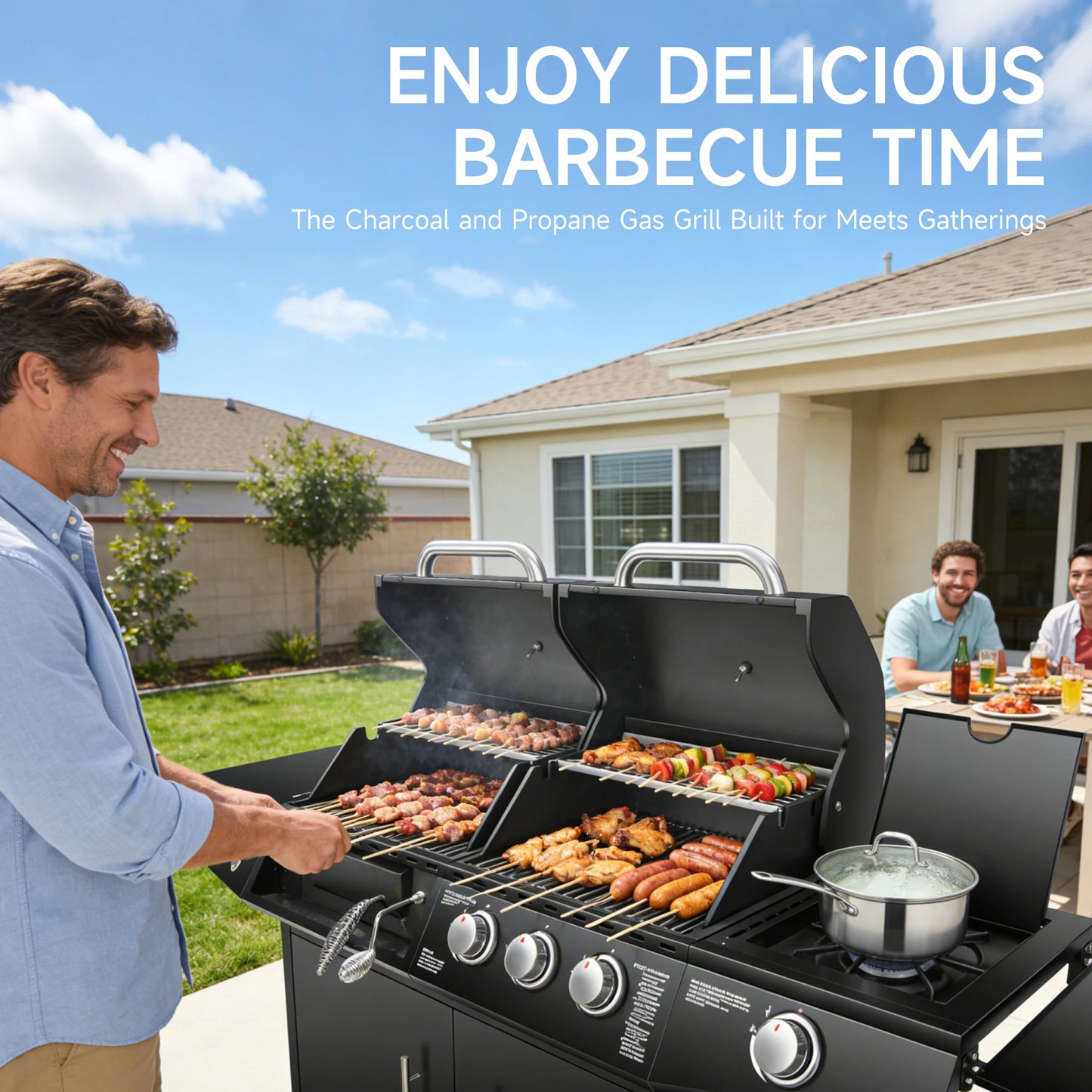 Dual Fuel Gas & Charcoal Grill with Side Burner – 3+1 Burners, 40,000 BTU, 713.5 Sq. In. Cooking Area