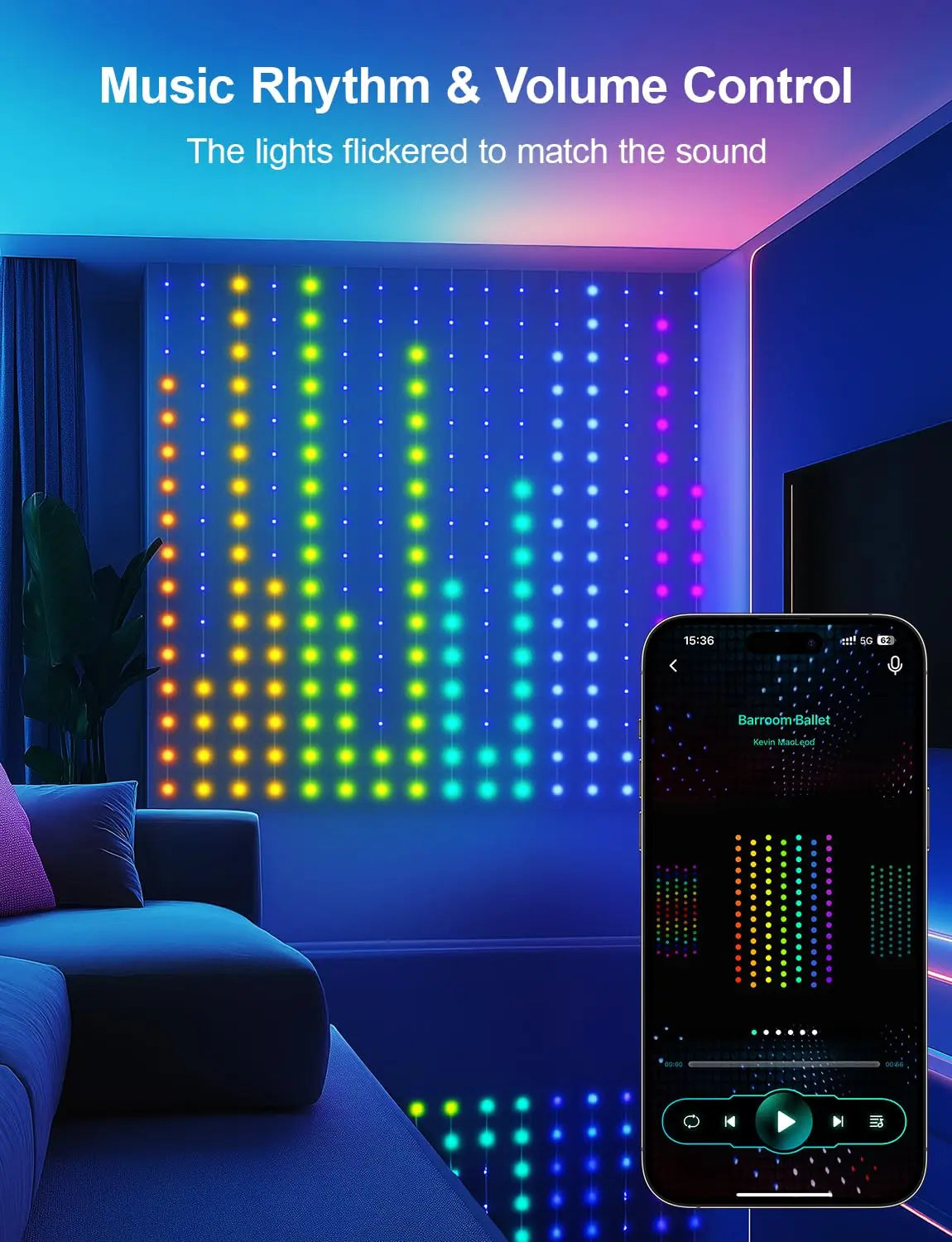 LED RGB Controlled Text Programmable Music Sync Remote Smart App String Fairy Lights Curtain