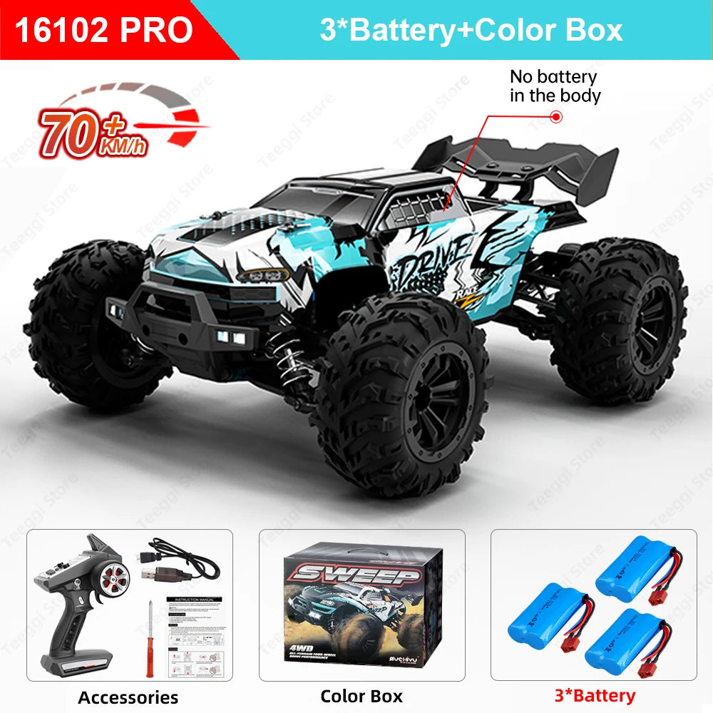 Teeggi 16101 / 16102 PRO 1:16 RC Drift Car – 70KM/H Brushless 4WD Off-Road Monster Truck with LED Lights