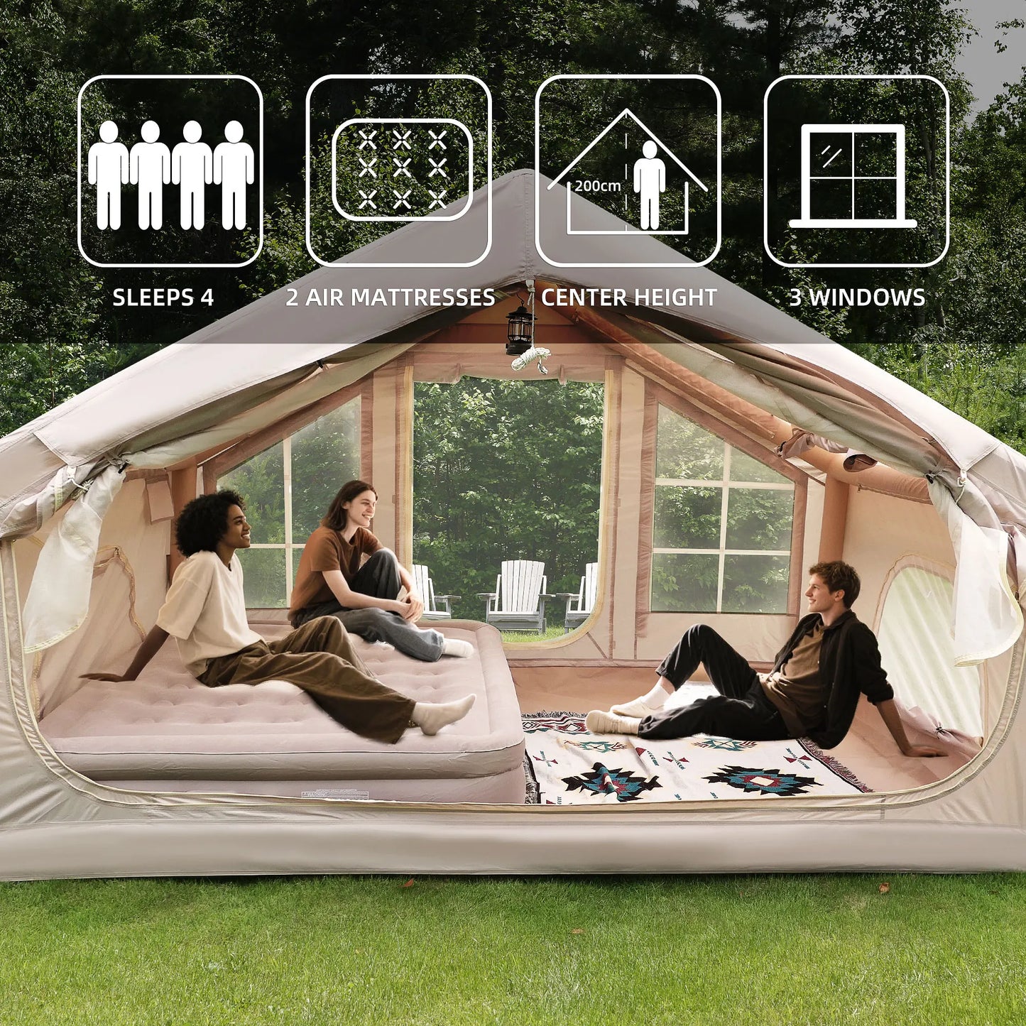 Instant Inflatable Camping Tent for 4-6 People with Extended Awning & Waterproof All-Weather Design