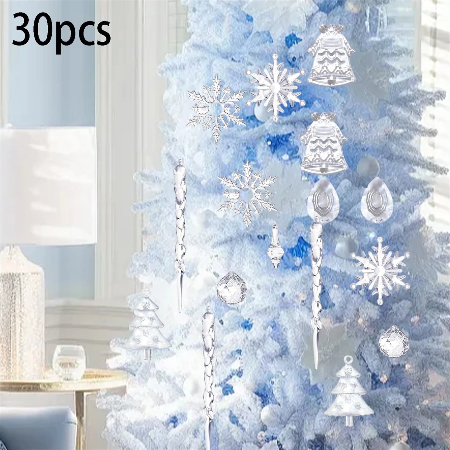 Frosted Glass Snowflake Ornament Set - 30 Pieces Elegant Christmas Tree Hanging Decorations Winter Holiday Icicle Theme