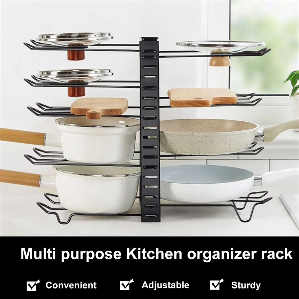 8-Tier Adjustable Pot & Pan Organizer Rack | Heavy-Duty Iron Storage Shelf for Kitchen Cabinets