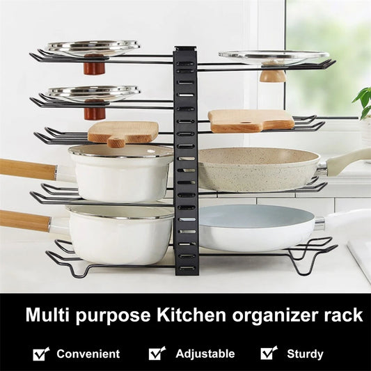 8-Tier Adjustable Pot & Pan Organizer Rack | Heavy-Duty Iron Storage Shelf for Kitchen Cabinets