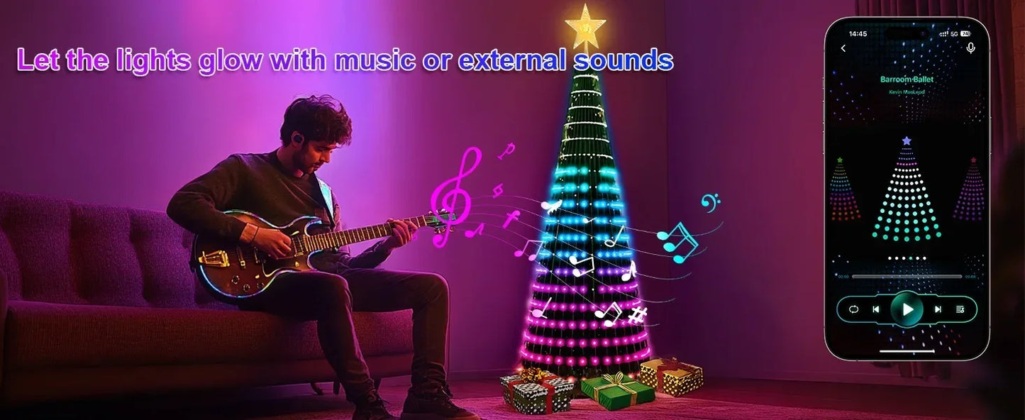 Waterproof  Smart APP Control LED Waterfall Christmas Tree String Lights with Star Topper for Christmas Party Holiday Decoration