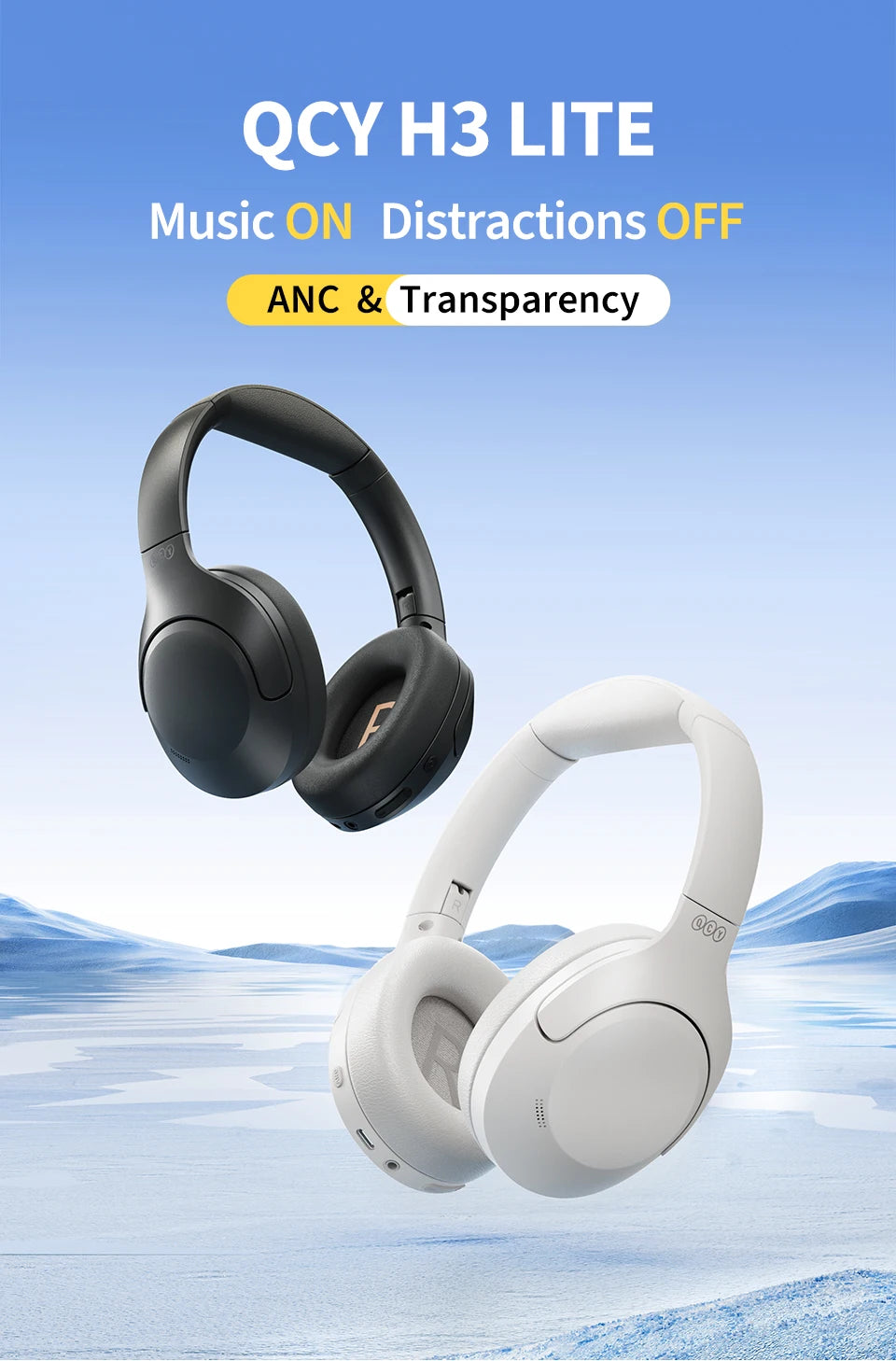 QCY H3 Lite ANC Wireless Headphones Bluetooth 5.3 Over-Ear Headset with HiFi Sound, 40mm Drivers & 60H Battery Life