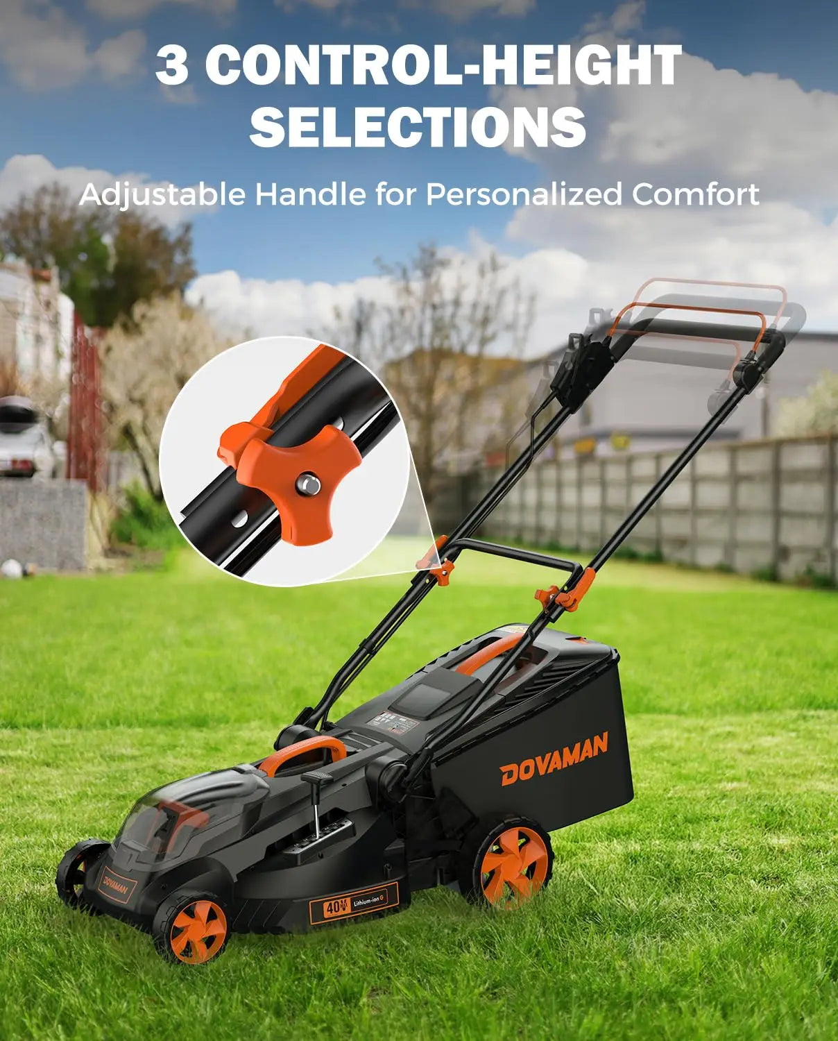DOVAMAN 40V Brushless Lawn Mower, 16" Deck, 4Ah Battery, Single-Lever Height Adjust, 3-Step Fold Handle, Mulching & Bagging