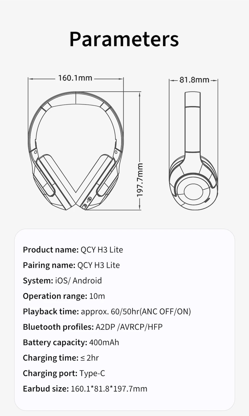 QCY H3 Lite ANC Wireless Headphones Bluetooth 5.3 Over-Ear Headset with HiFi Sound, 40mm Drivers & 60H Battery Life