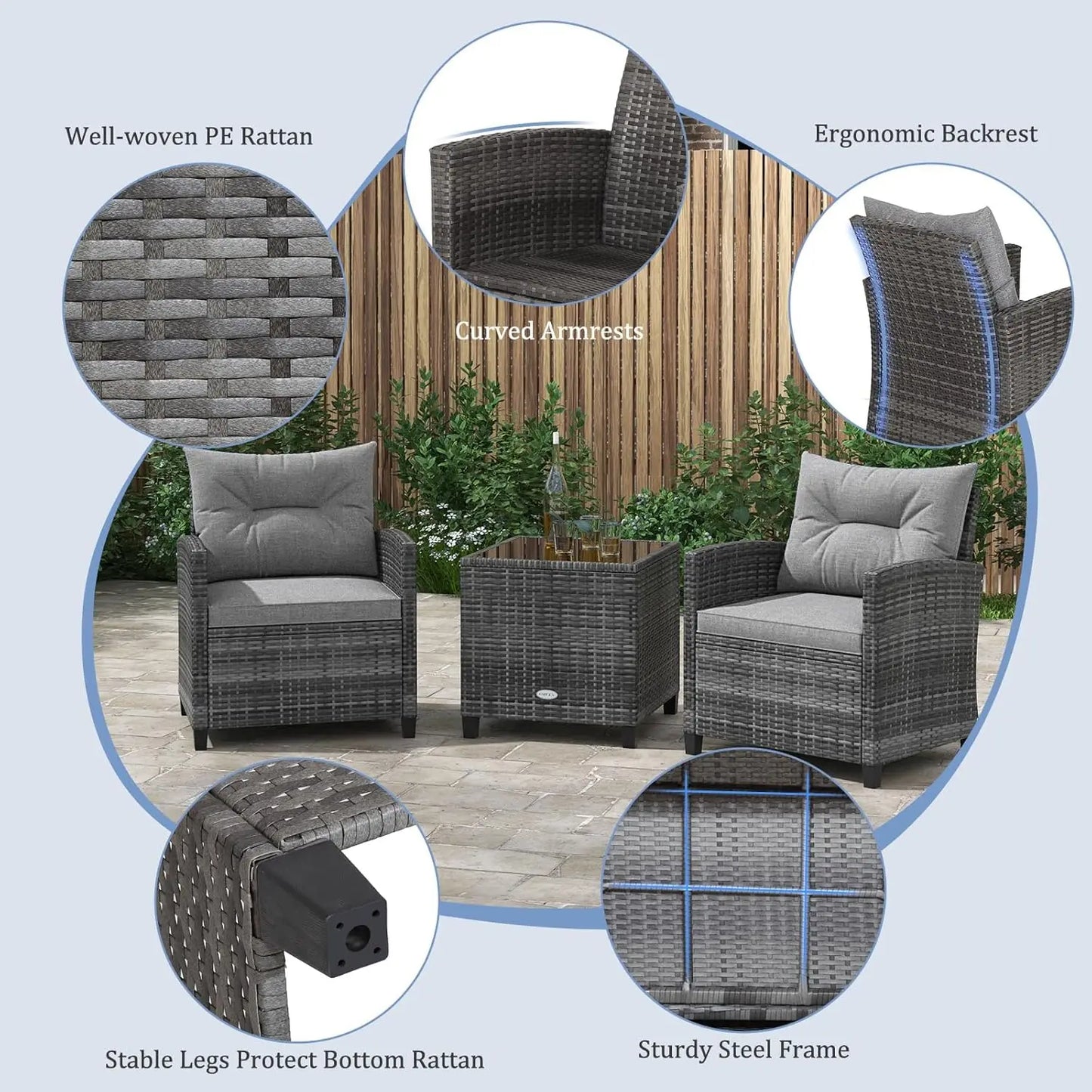 3-Piece Patio Furniture Set Outdoor PE Rattan Conversation Set with Cushions & Glass Table