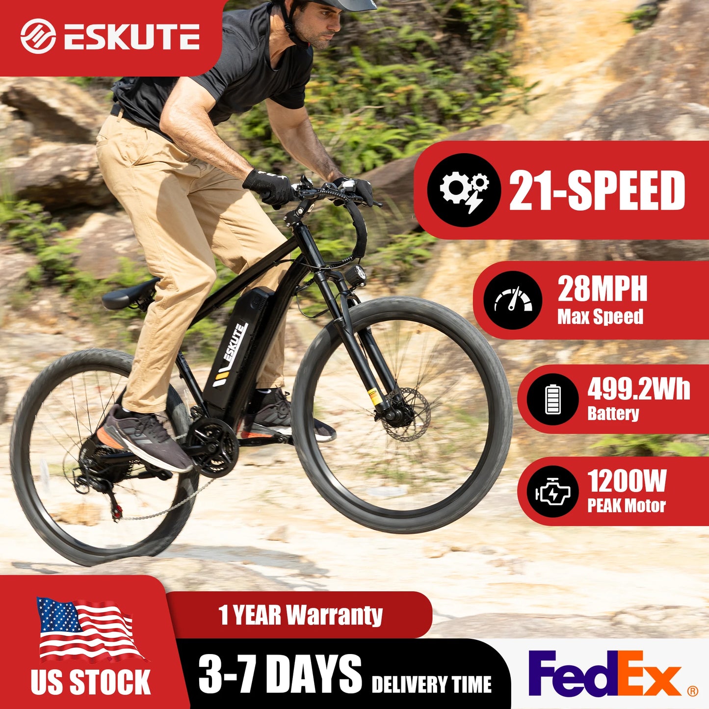 ESKUTE M200 Electric Mountain Bike – 1200W Peak Power 21 Gears