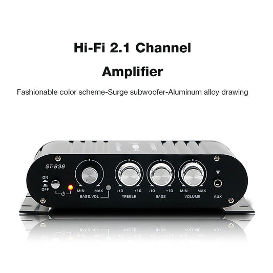 ST-838 HiFi 2.1 Channel Power Amplifier – Stereo Bass Sound Subwoofer Amp for Home & Car Media Players (Black/Silver)