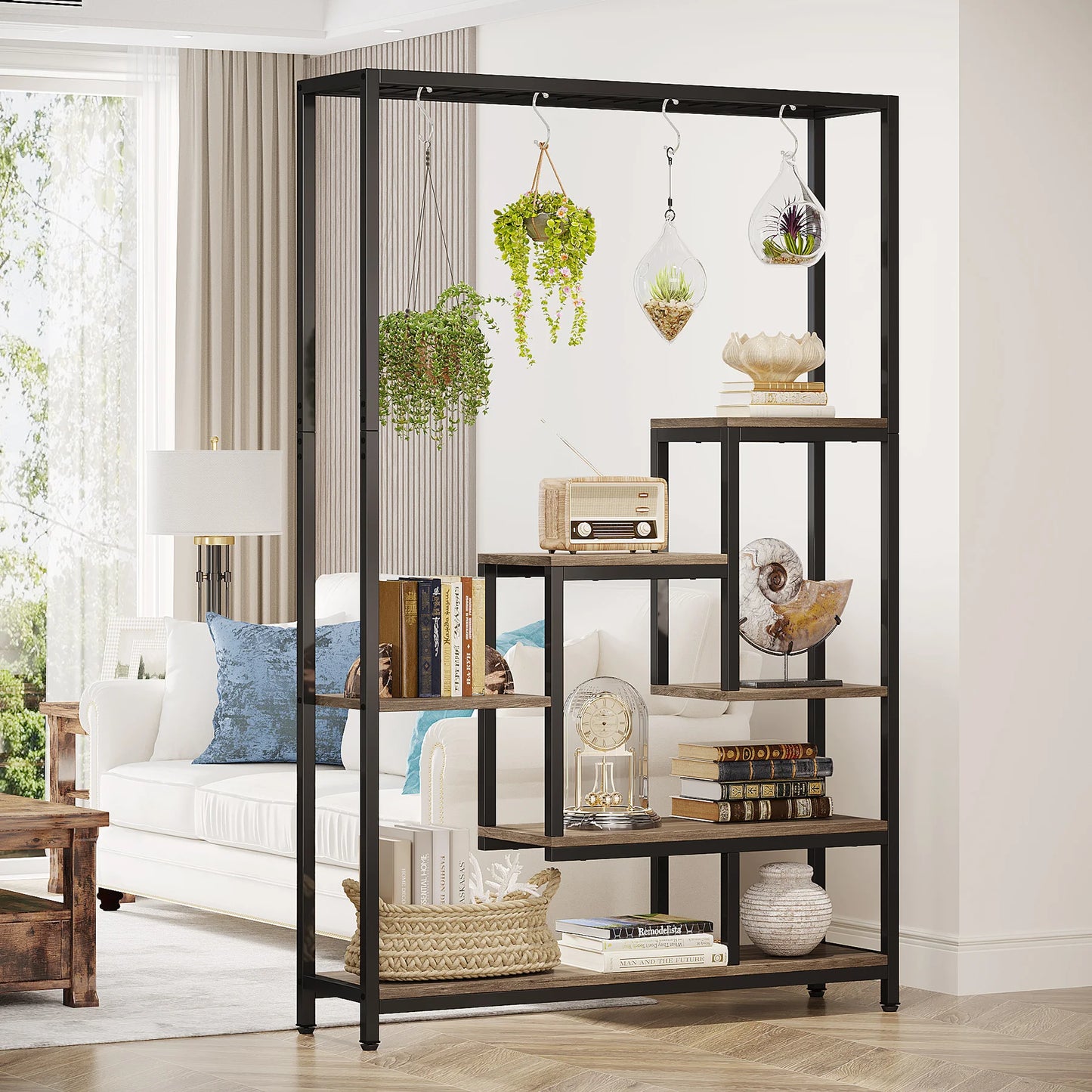 Tribesigns 5-Tier Tall Indoor Plant Stand, 70.9" Large Metal Plant Shelf with 10 Hanging Hooks for Garden, Balcony, Living Room & Patio