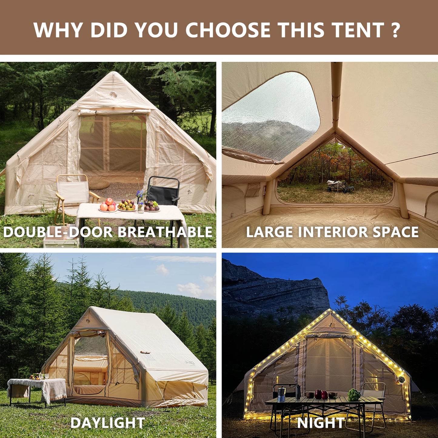 PAKICETUS Inflatable Camping Tent with Skylight, Quick Setup Family Glamping Tent for 4-6 People