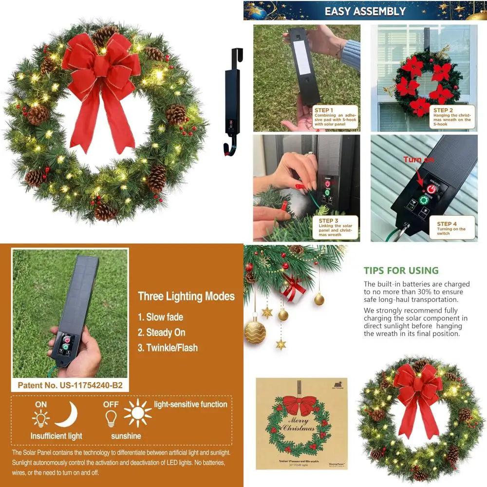 Pre-Lit Artificial 70 LED Solar Christmas Wreath, 30 Inch Outdoor Door Window Decor with Frosted Branches