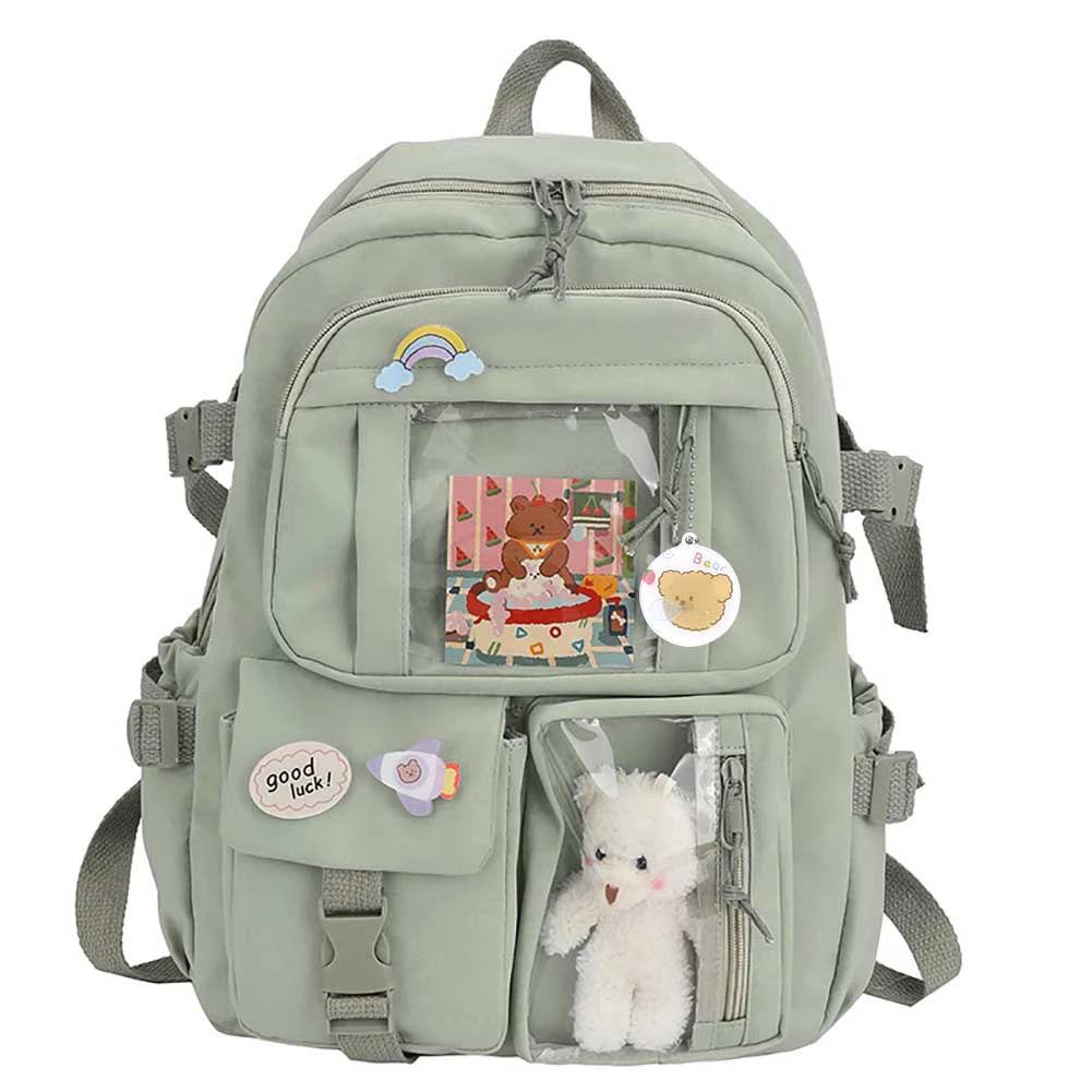 Kawaii Nylon College Backpack with Plush Pendant and Pins – Large Capacity Student Schoolbag