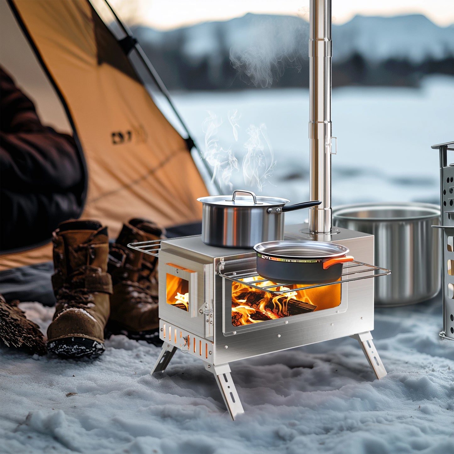 UNHO Portable Stainless Steel Wood Burning Camp Stove – Foldable Tent Heater & Cooker with Chimney Pipes & Accessories