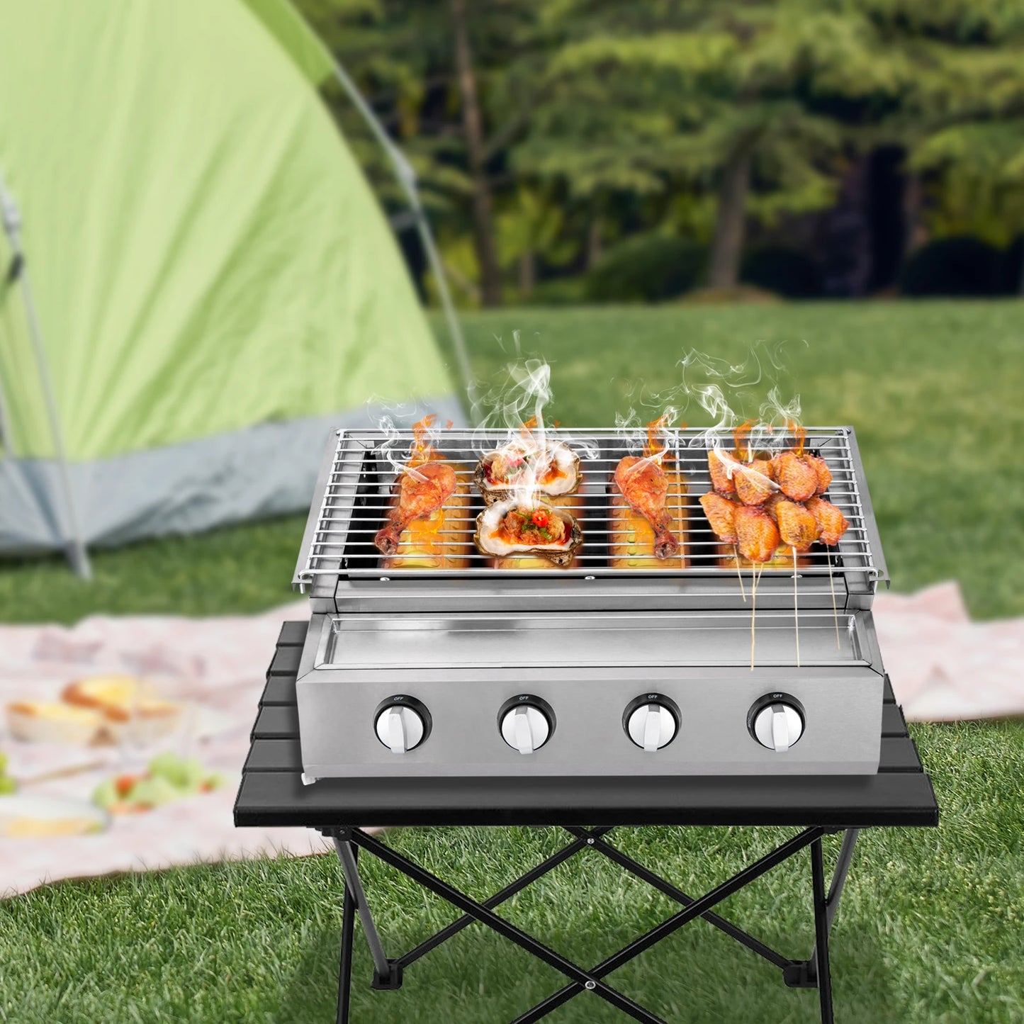 Portable 4-Burner Stainless Steel LPG Gas Grill – Smokeless Tabletop BBQ Grill with Adjustable Height and Removable Grate for Outdoor Cooking