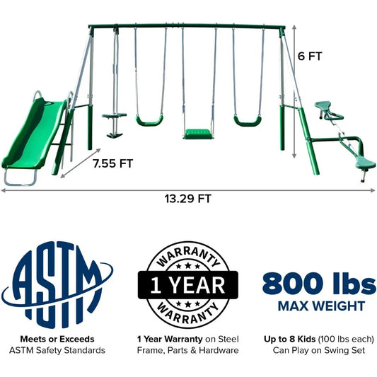 Park Ridge 8-in-1 Metal Swing Set – Outdoor Playground with Slide, Swings, Roman Glider, Teeter Totter & Anchor Kit – ASTM Certified for Kids Ages 3–8