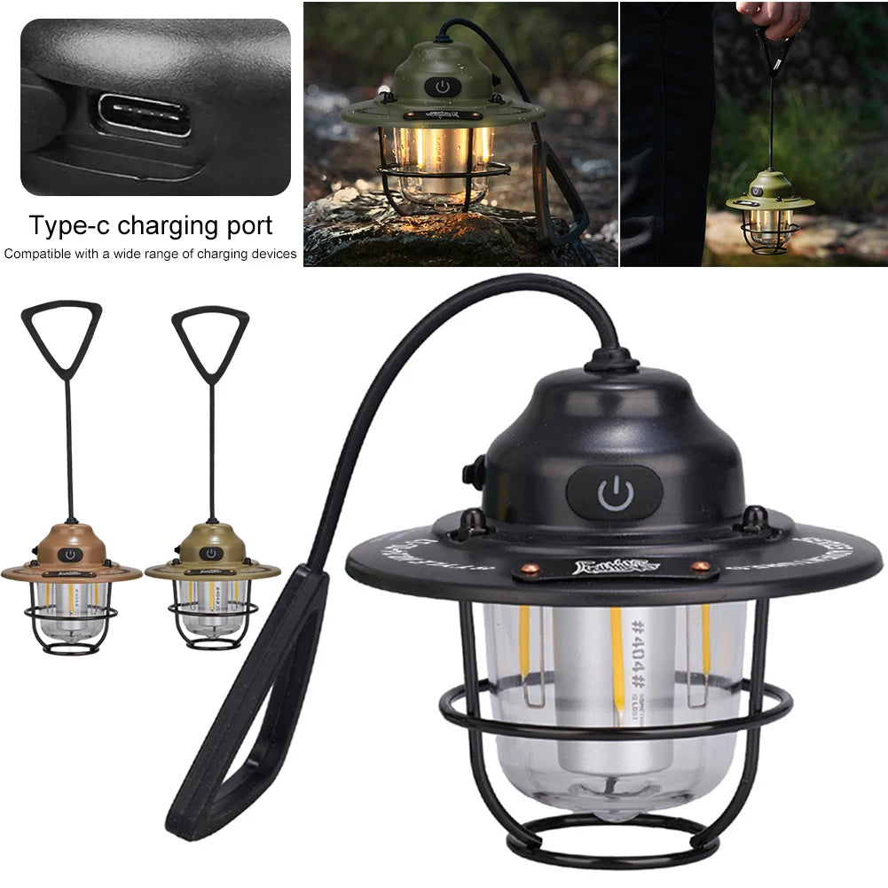Retro LED Camping Lantern with Type-C Charging & 4 Light Modes