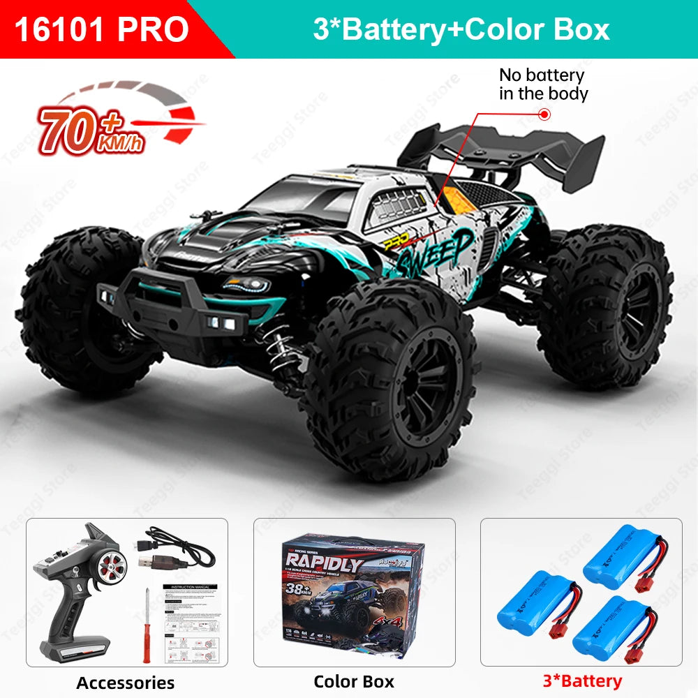 Teeggi 16101 / 16102 PRO 1:16 RC Drift Car – 70KM/H Brushless 4WD Off-Road Monster Truck with LED Lights