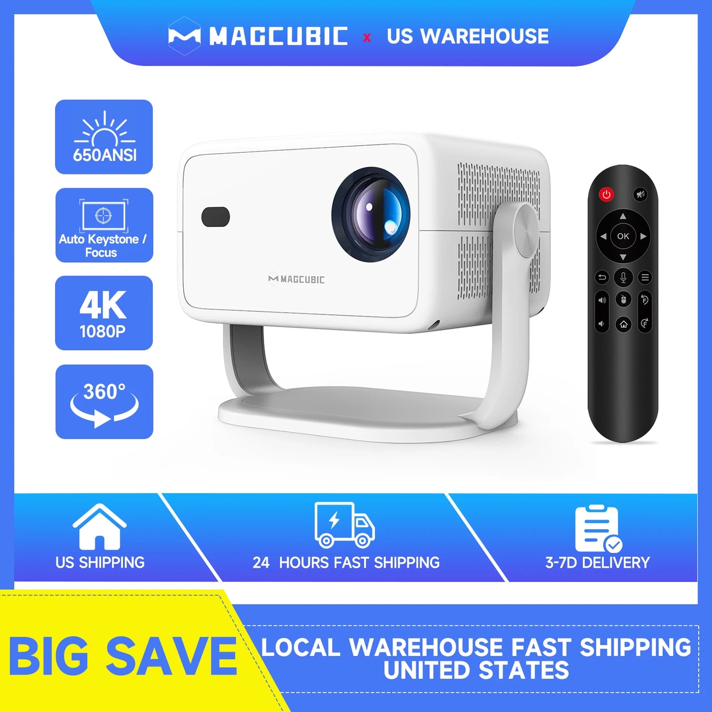 Magcubic 360° Portable 4K Projector – Native 1080P, 650ANSI Brightness, Android 11, Auto Keystone & Focus, WiFi6 & BT5.2