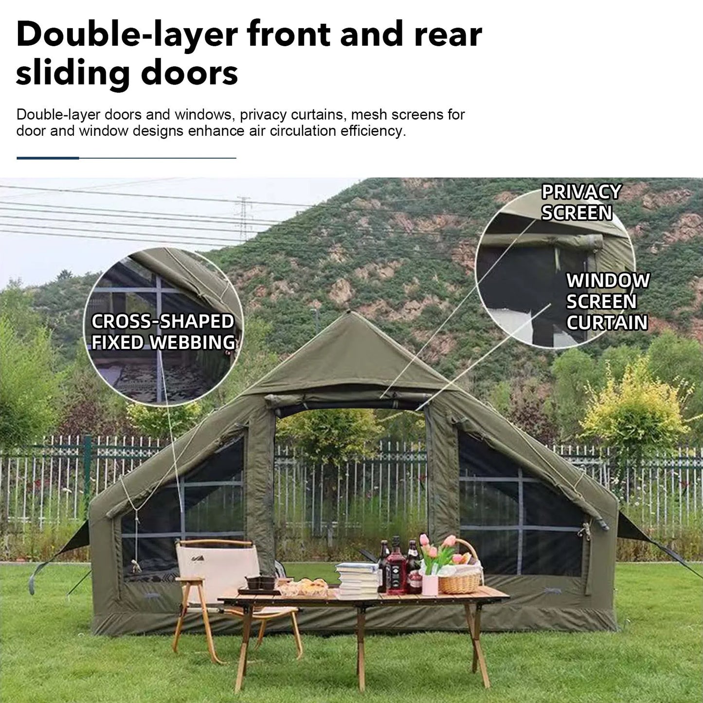Army Green Waterproof Windproof Inflatable Camping Tent 4-Season Air Glamping Tent House with Chimney Opening & AC Vent