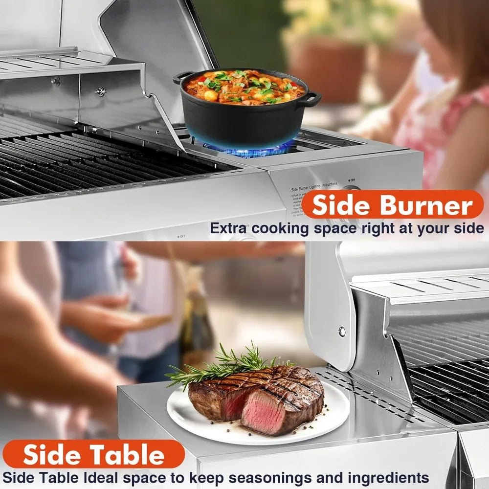 Llamaviva 5 Burner Propane Gas Grill with Side Burner,Stainless Steel BBQ Grill with Porcelain-Enameled Cast Iron Grates