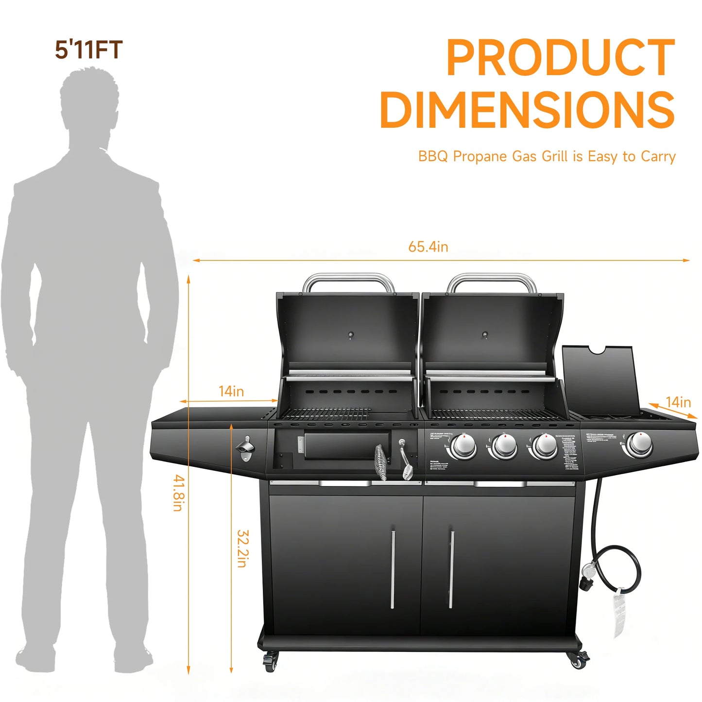 Dual Fuel Gas & Charcoal Grill with Side Burner – 3+1 Burners, 40,000 BTU, 713.5 Sq. In. Cooking Area