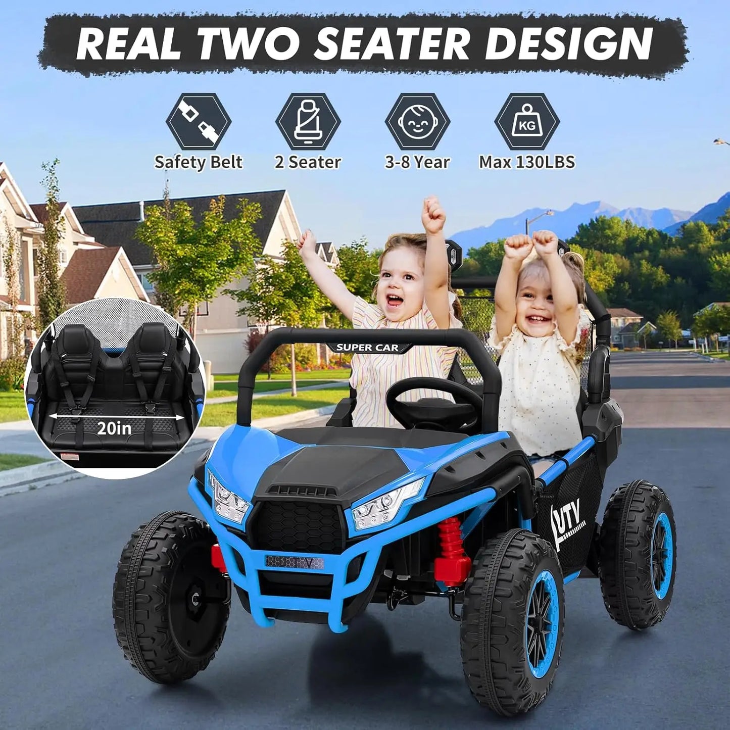 2-Seater 24V Kids UTV Ride-On Car with Remote Control – 400W Motors, 4-Wheel Suspension, LED Lights & Music for Ages 3+