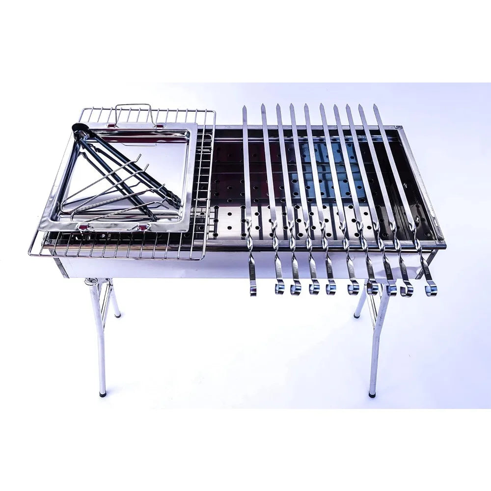 Stainless Steel Charcoal Grill Mangal with 10 Skewers – Foldable Shish Kabab BBQ Barbecue Shashlik Set