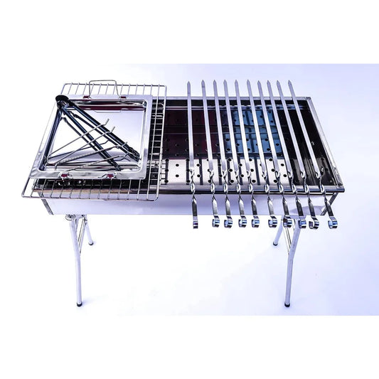 Stainless Steel Charcoal Grill Mangal with 10 Skewers – Foldable Shish Kabab BBQ Barbecue Shashlik Set