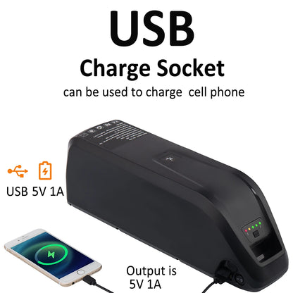 Hailong Ebike Battery Pack – 36V/48V/52V | 10Ah 15Ah 20Ah | Lithium Battery with Charger, BMS, USB Port & Lock – Fits 350W–1500W Motors