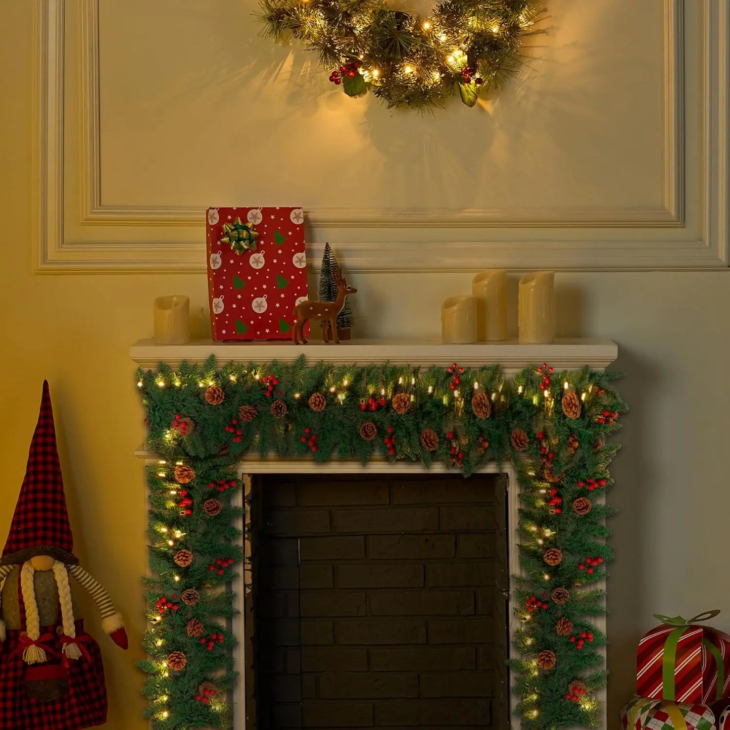 9Ft Artificial Christmas Garland Prelit with LED Lights 27 Pine Cones 27 Red Berries for Home Office Christmas Decorations