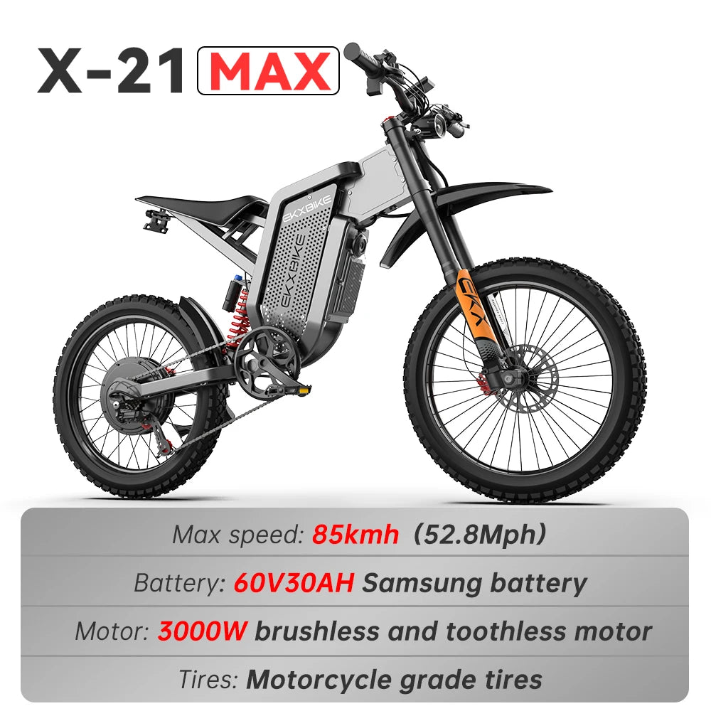 EKXBIKE X21 Max Electric Motorcycle – 3000W Brushless Motor, 60V 30Ah Battery, 85KM/H Speed, Off-Road E-Bike for Adults
