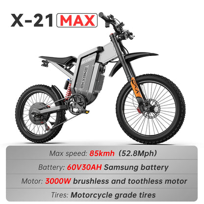 EKXBIKE X21 Max Electric Motorcycle – 3000W Brushless Motor, 60V 30Ah Battery, 85KM/H Speed, Off-Road E-Bike for Adults
