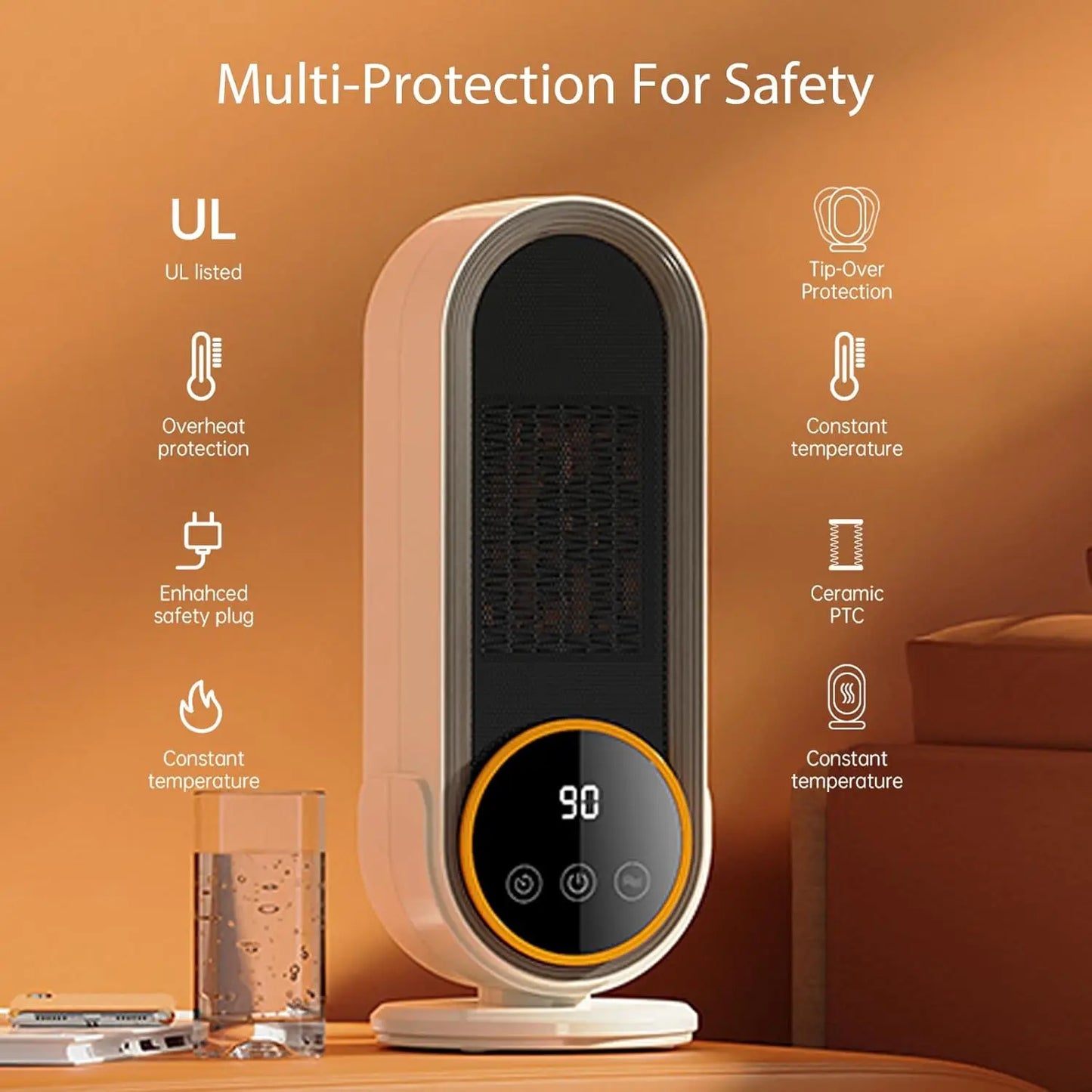 Portable 1200W PTC Ceramic Space Heater with Remote, Timer & Digital Display – Whisper-Quiet Heater for Bedroom or Office