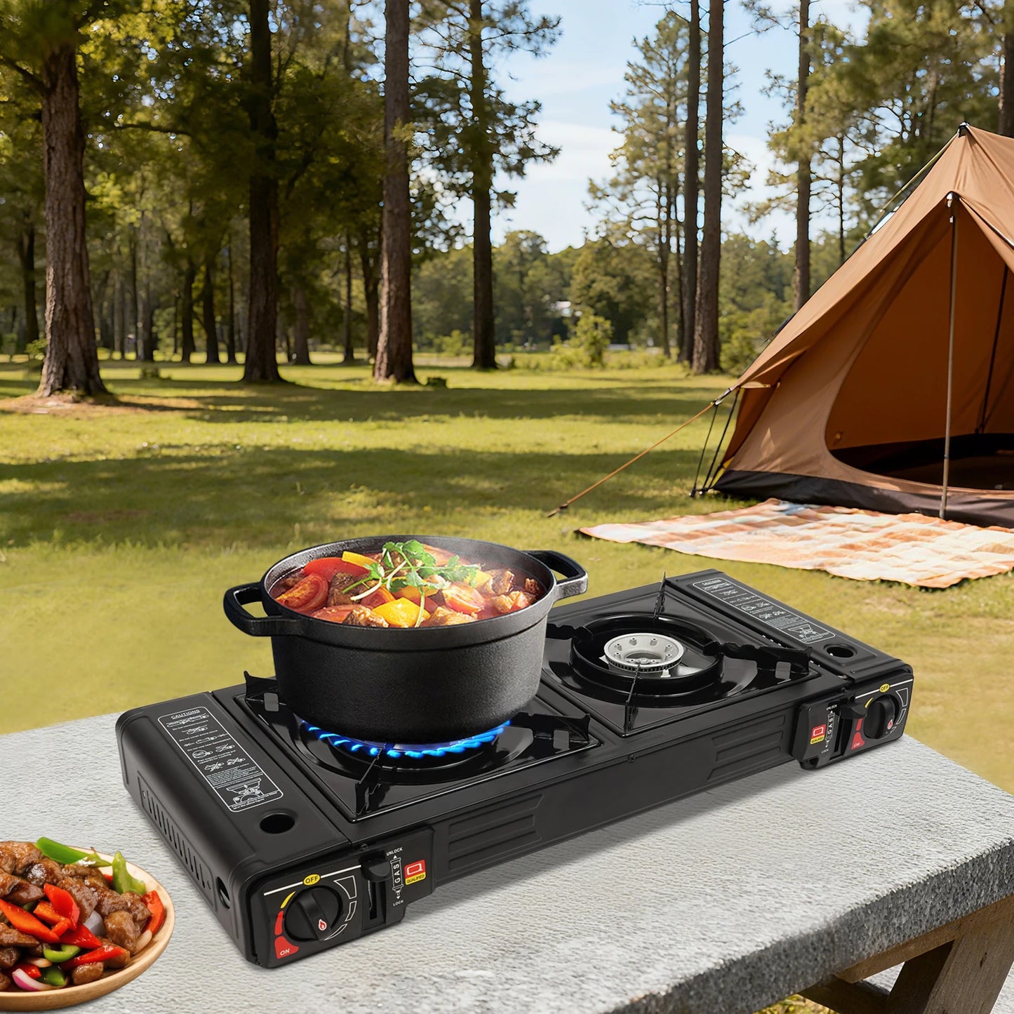 2-BURNER CAMPING STOVE PORTABLE GAS STOVE KIT WITH BAKING TRAY – OUTDOOR COOKING GRILL WITH CARRYING CASE, 2X2500W BURNERS, LPG COMPATIBLE