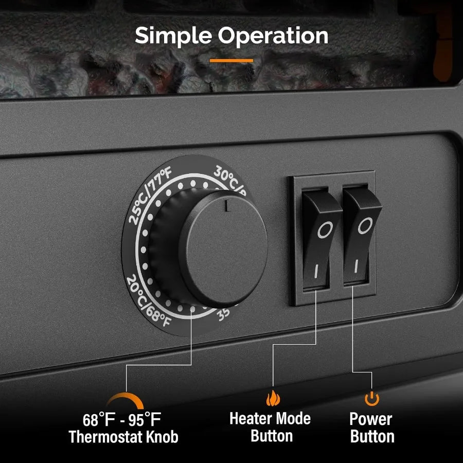 Electric Fireplace Stove Space Heater – 20" Freestanding – 1400W – Realistic Flame Logs – Thermostat – Tip‑Over & Overheat Protection – Black