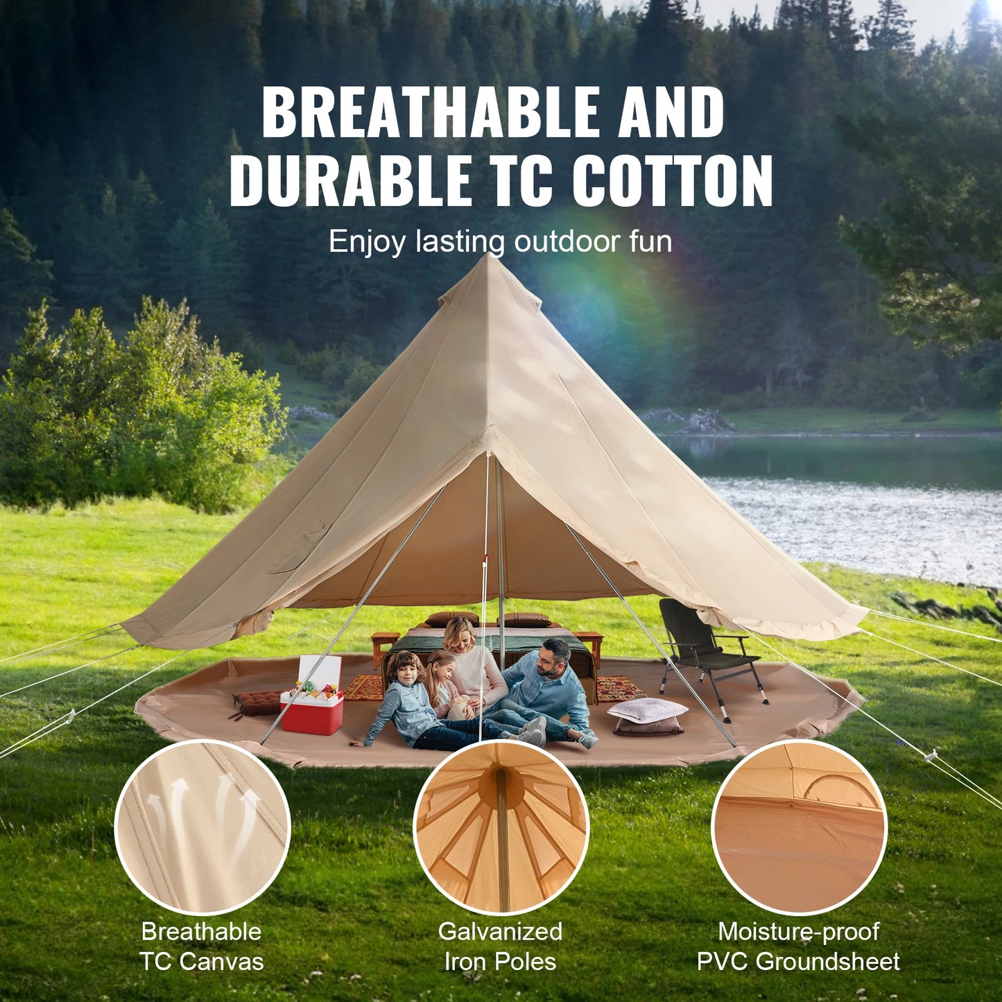 SucceBuy 16.4FT Canvas Bell Tent for Camping – 4 Season Yurt Tent with Stove Jack, Breathable TC Cotton, Sleeps Up to 8 People
