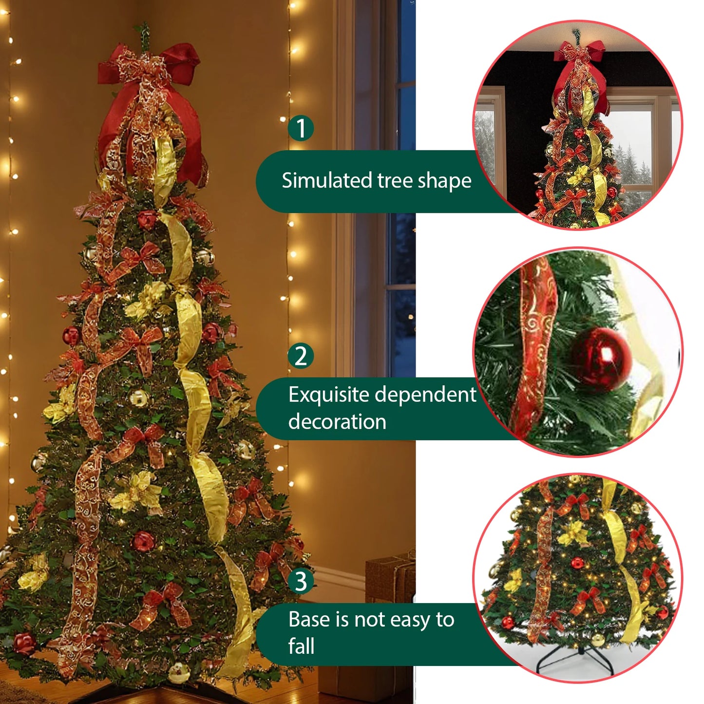 6FT Artificial Christmas Tree with 200 Warm Lights Easy Assembly Collapsible Christmas Tree with Ornaments Christmas Decor
