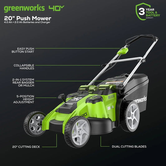 40V Cordless 20-Inch Twin Blade Lawn Mower with Dual Batteries & Smart Cut Technology