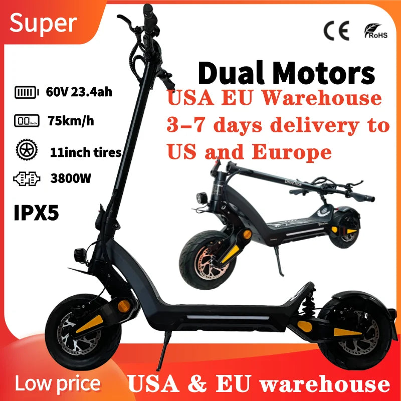 DT06 Dual Motor Electric Scooter – 2400W Power, 70KM/H Speed, 70KM Range, Hydraulic Suspension, Foldable Off-Road E-Scooter with NFC, LED Display & Turn Signals