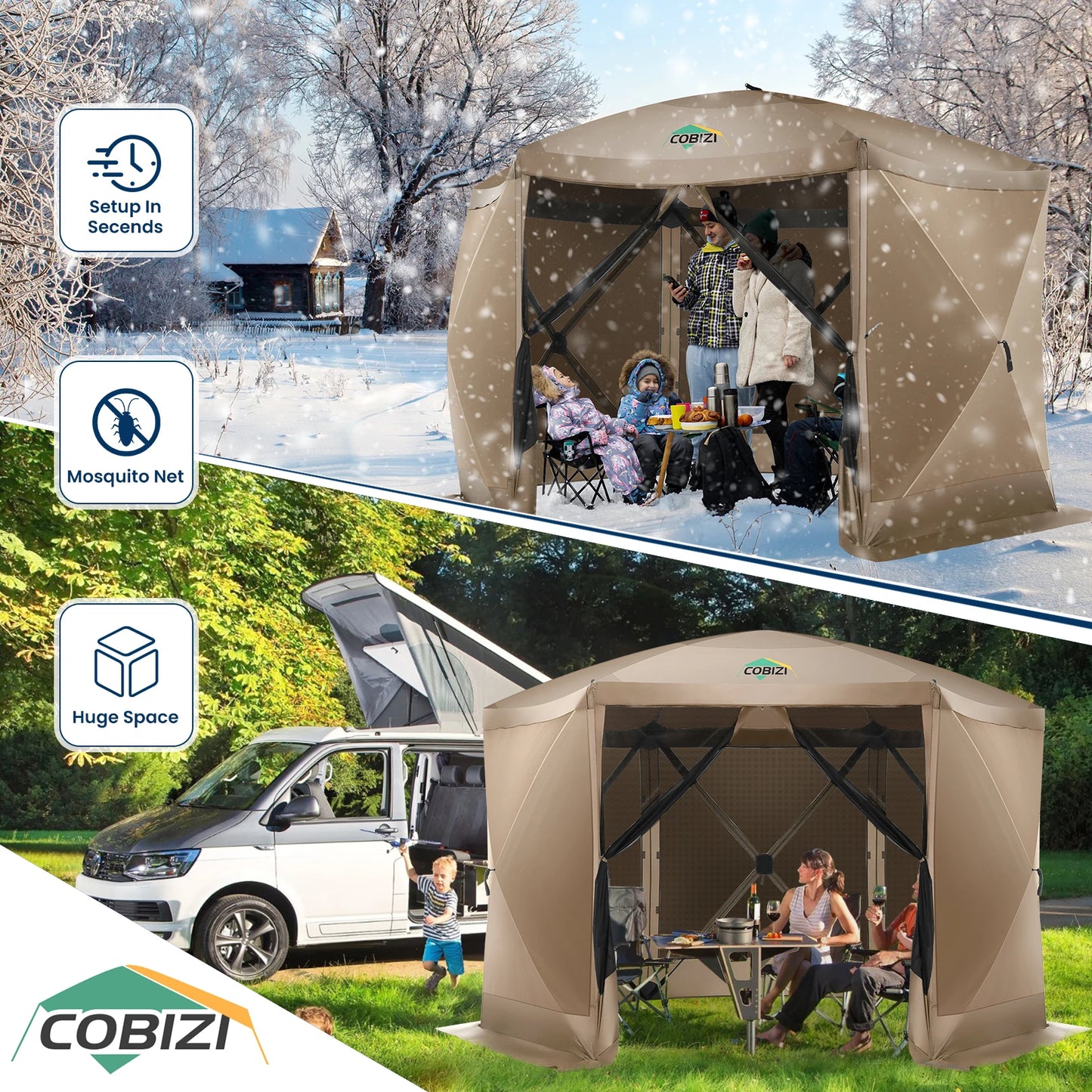 Cobizi 12x12ft Pop-Up Gazebo Screen Tent – 6-Sided Portable Outdoor Canopy Shelter with Mosquito Netting