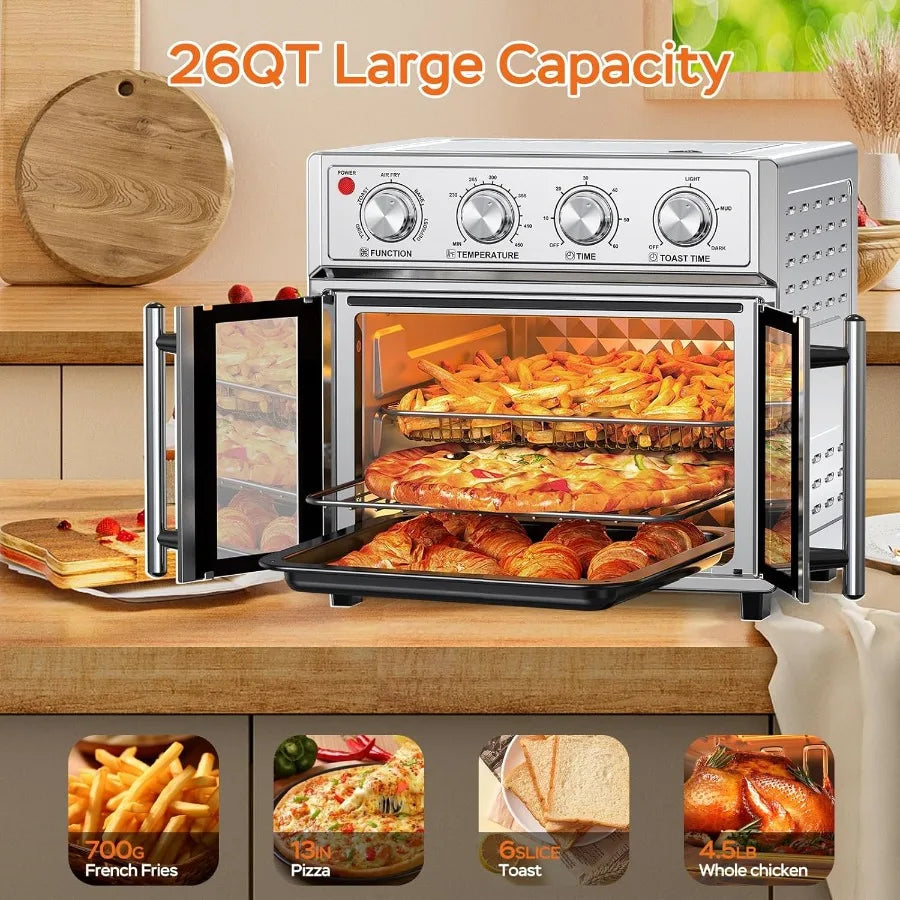 26QT Air Fryer Toaster Oven Combo with French Doors – 1700W Stainless Steel Convection Countertop Oven with 7 Presets for Baking, Toasting, Broiling & Air Frying