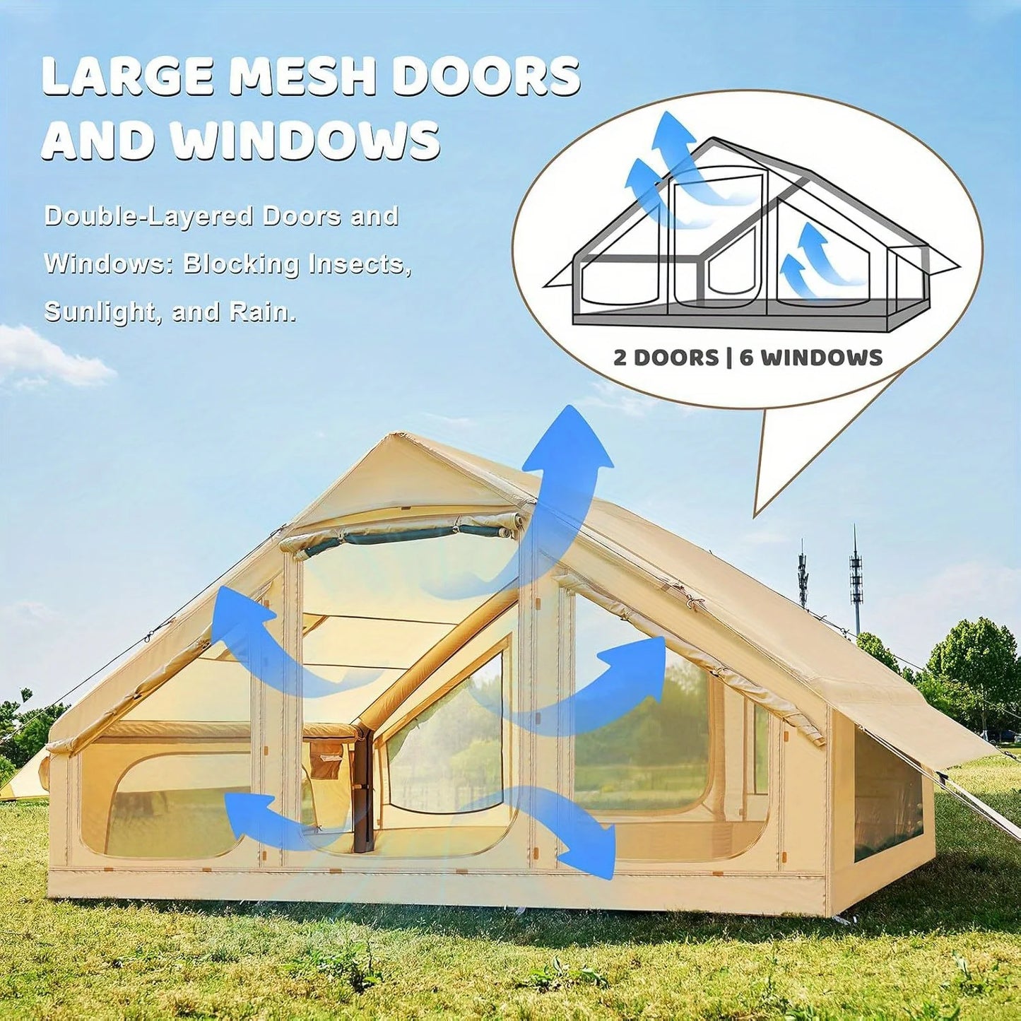Inflatable Camping Tent for 1-6 People with Skylight, Stove Jack & PU3000 Waterproof Protection