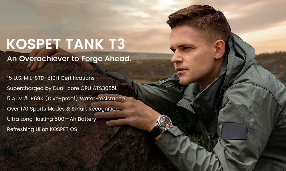 KOSPET TANK T3 Smartwatch – Military Grade, AMOLED Display, 5ATM + IP69K Waterproof